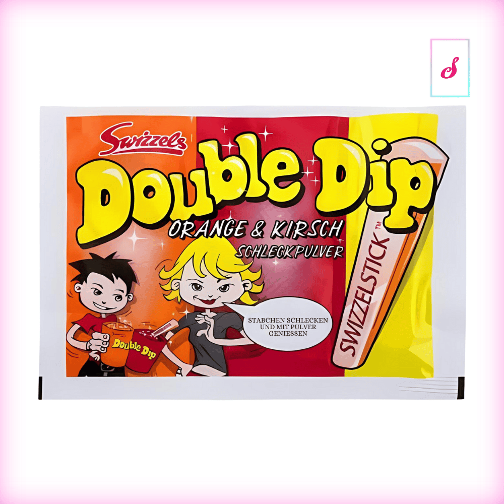 Swizzels Double Dip Zuckerstäbchen mit Orange & Kirsch Schleckpulver